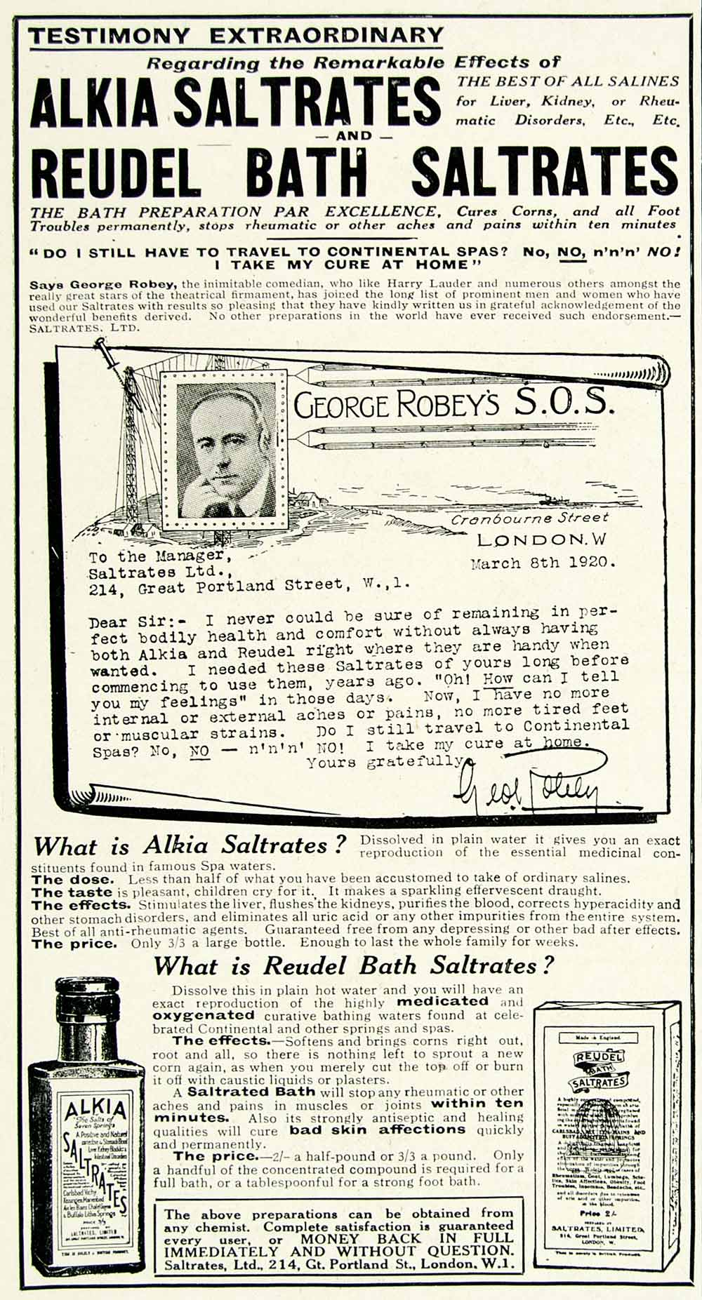 1918 Ad Alkia Reudel Bath Saltrates London Water Medical George Robey YTT1