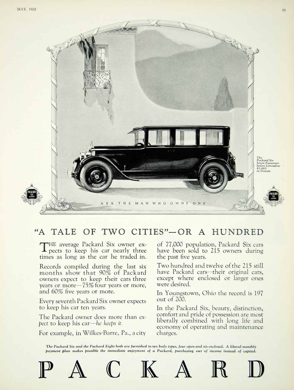 1925 Ad Vintage Packard Six 7 Passenger Sedan Limousine Closed Car YVF1