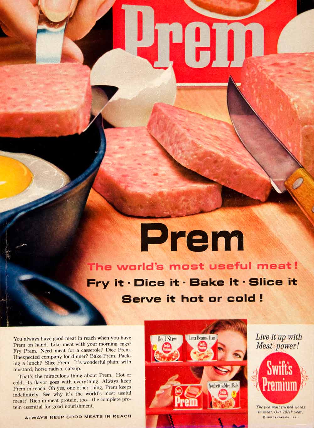 1962 Ad Vintage Prem Swifts Premium Processed Canned Meat Product Loaf Food YWD2