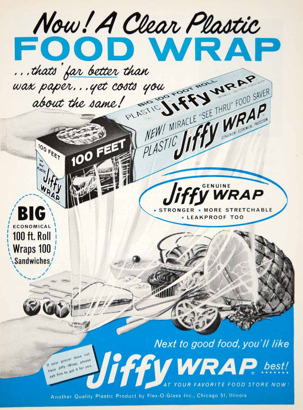 1962 Ad Vintage Jiffy Plastic Wrap Flex-O-Glass Food Preservation Packaging YWD2