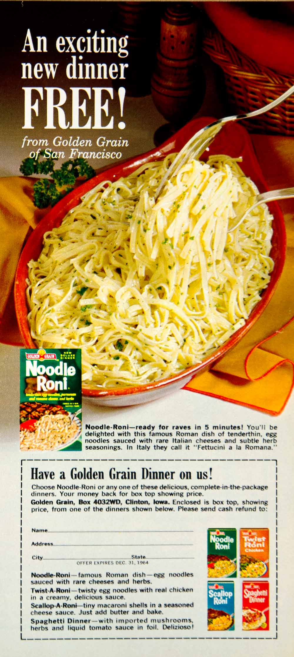 1964 Ad Golden Grain Package Dinner Noodle-Roni Twist-A-Roni Spaghetti Food YWD2