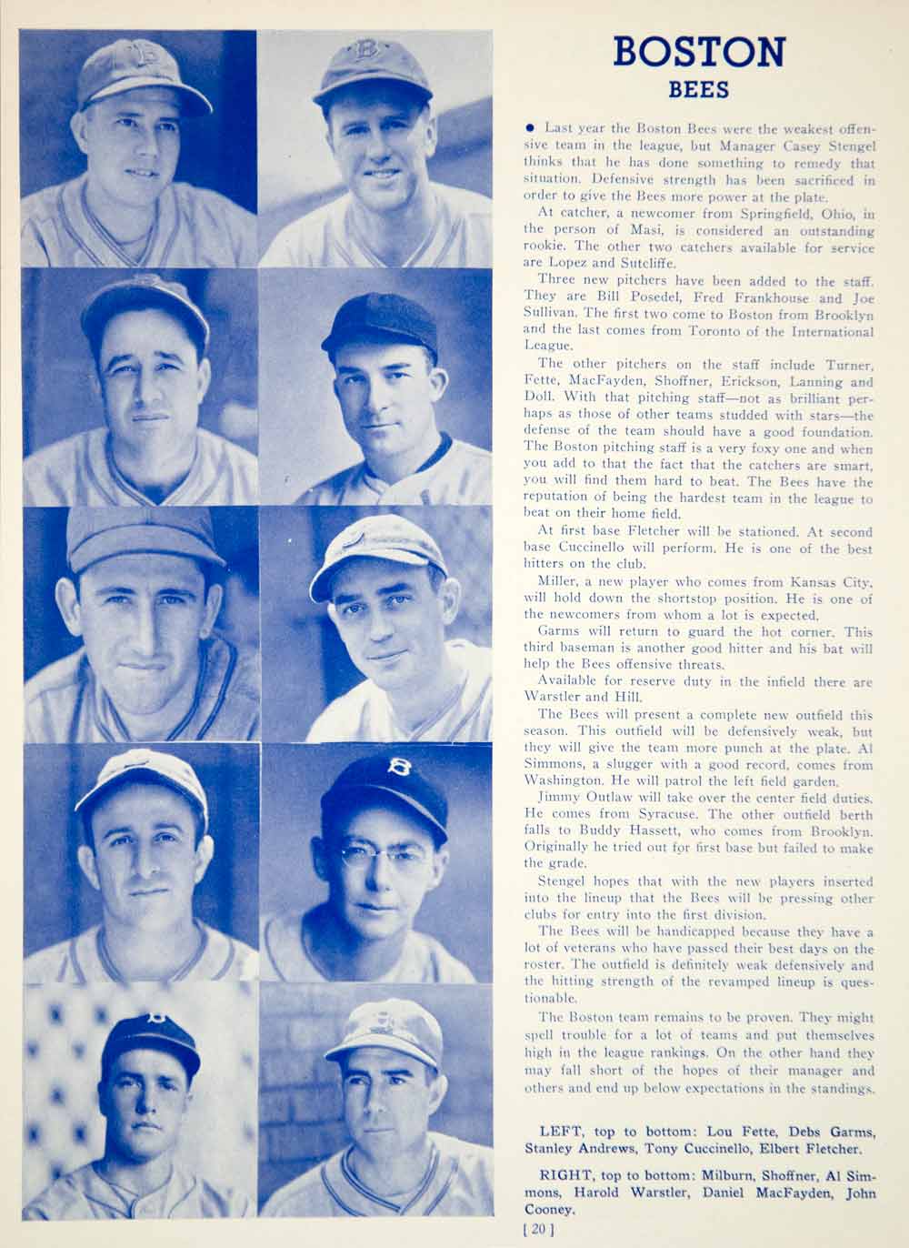 1939 Print MLB Baseball Sports Memorabilia Boston Bees Athletes Players YWU1