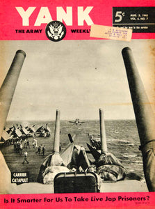 1945 Cover YANK World War II Aircraft Carrier Catapult Takeoff Pacific View YYA2