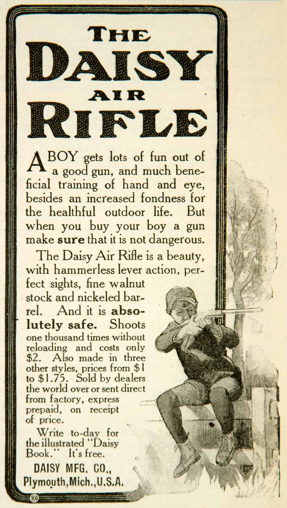 1905 Ad Daisy Air Rifle Boy Gun Plymouth Weapon Toy Hammerless Lever YYC2