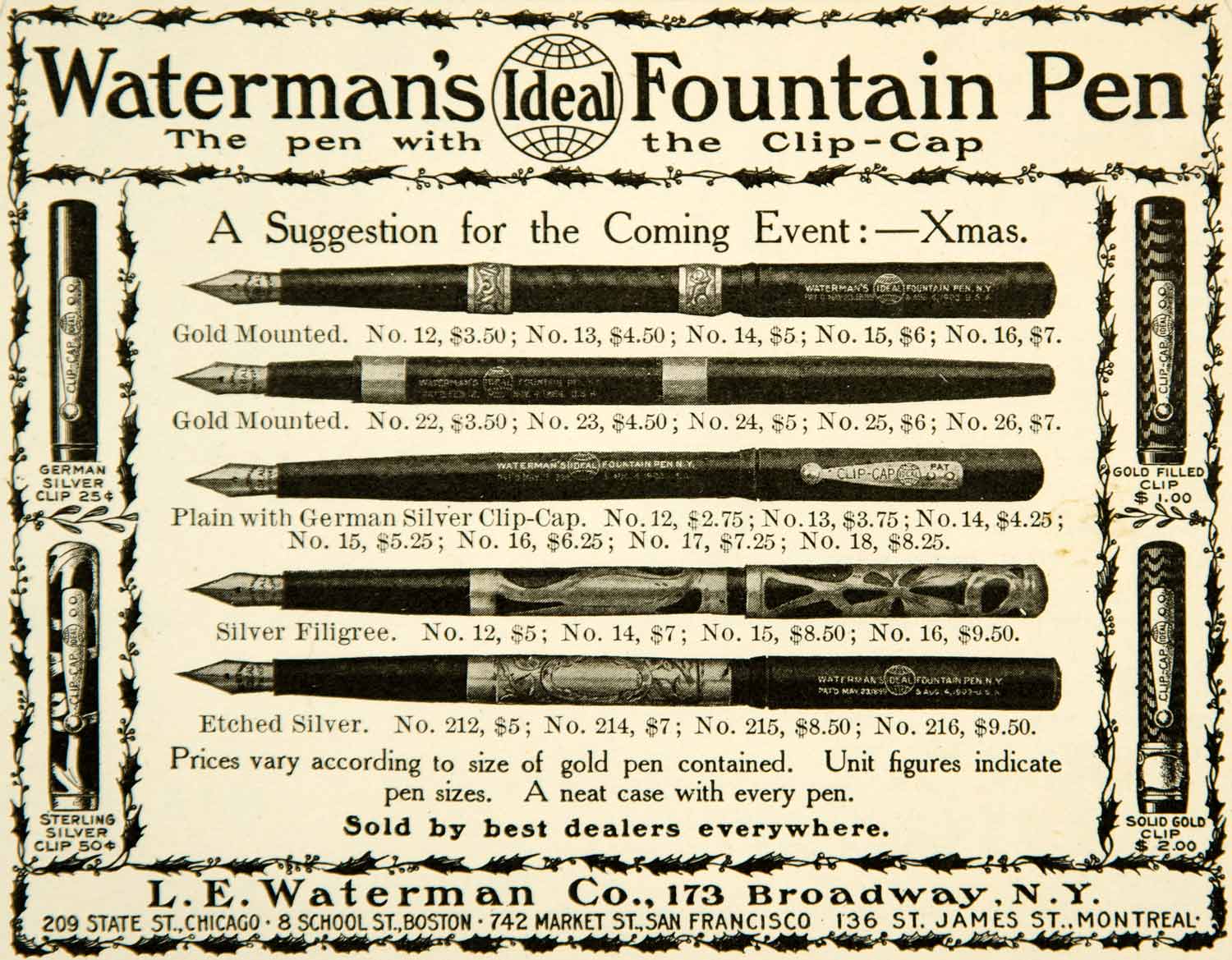 1906 Ad Waterman's Ideal Fountain Pen Clip-Cap 173 Broadway Writing Utensil YYC2