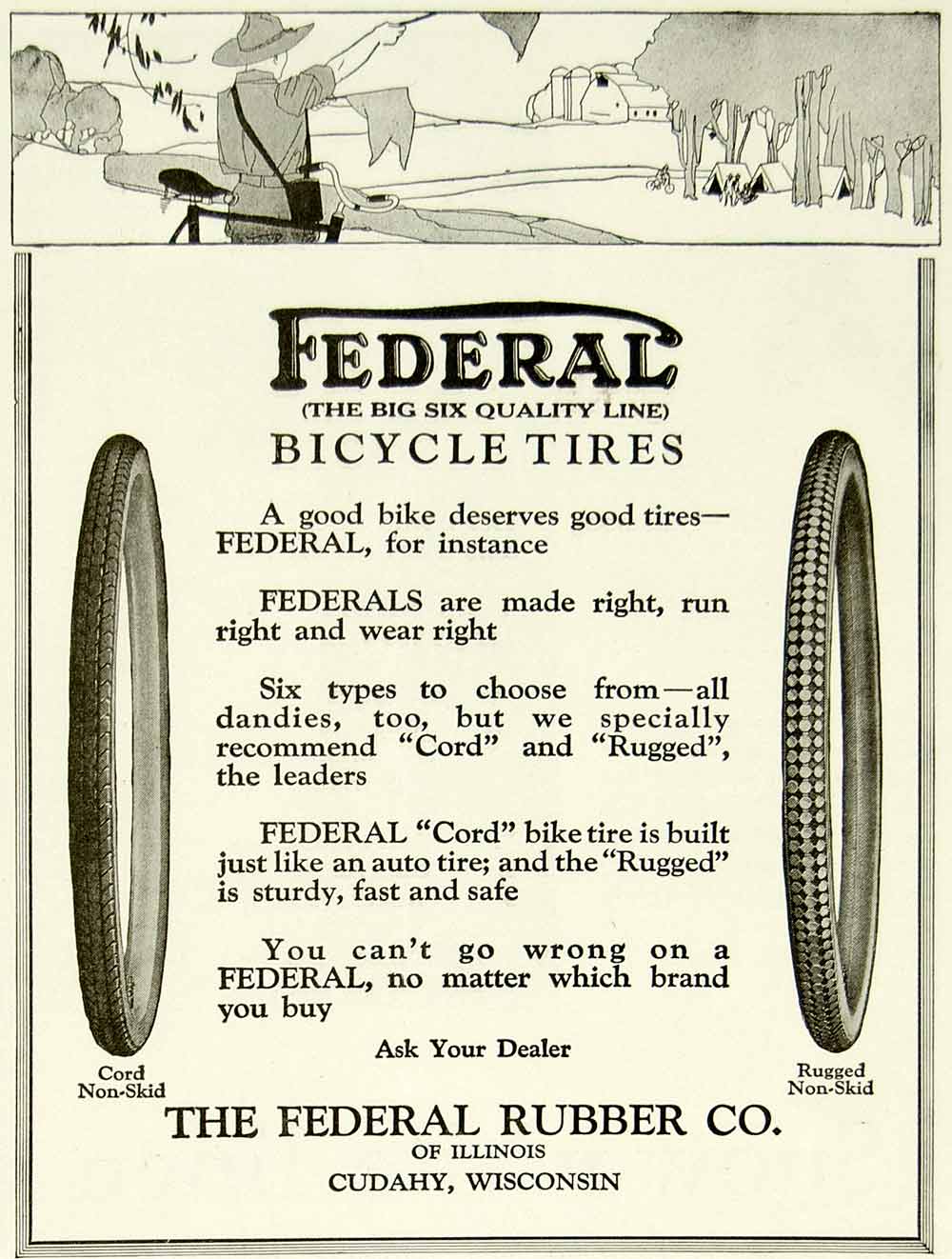 1923 Ad Federal Rubber Cord Rugged Bicycle Tires Bikes Transportation YYC4
