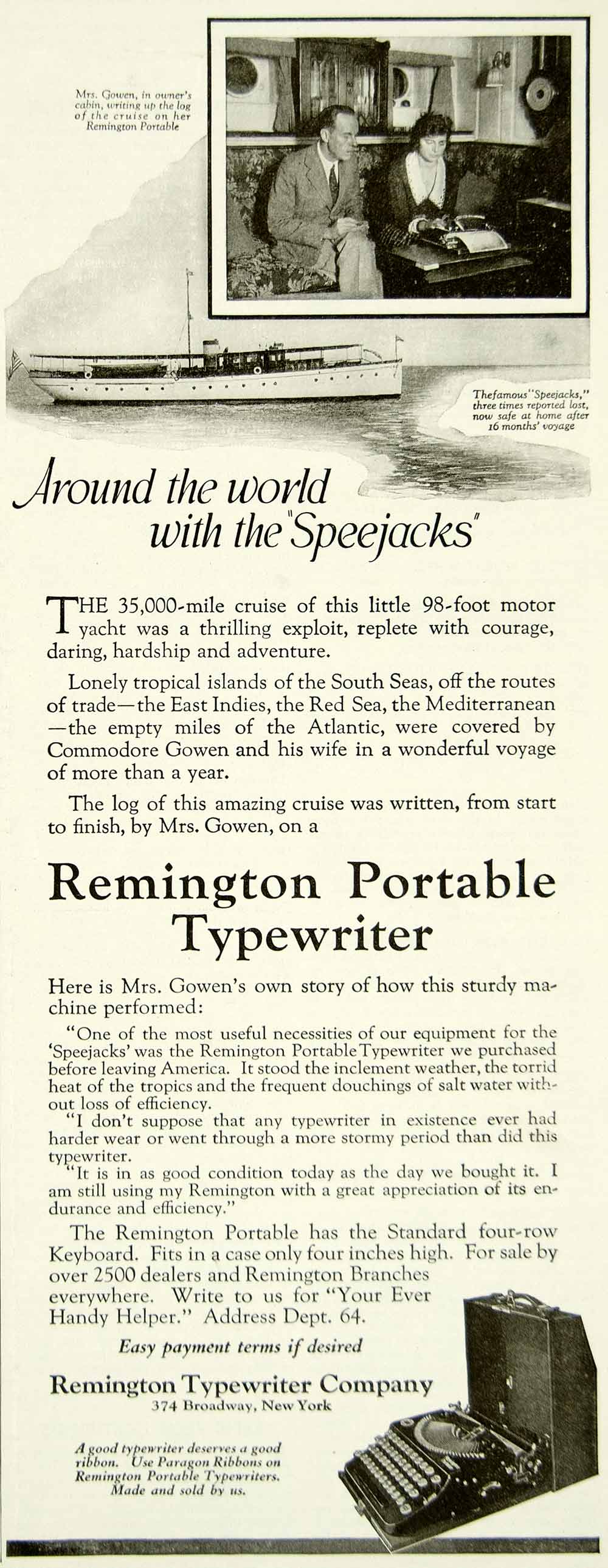 1923 Ad Remington Portable Typewriter 374 Broadway NYC Speejacks Yacht Boat YYC4