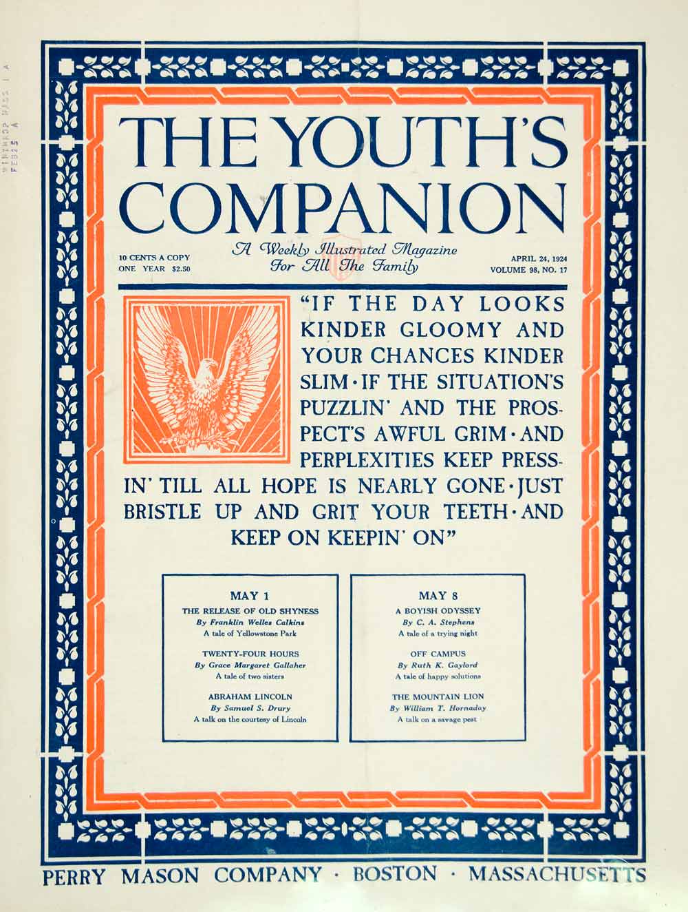 1924 Cover Youth's Companion Keep On Keepin' On Poem Quotation Roaring YYC5