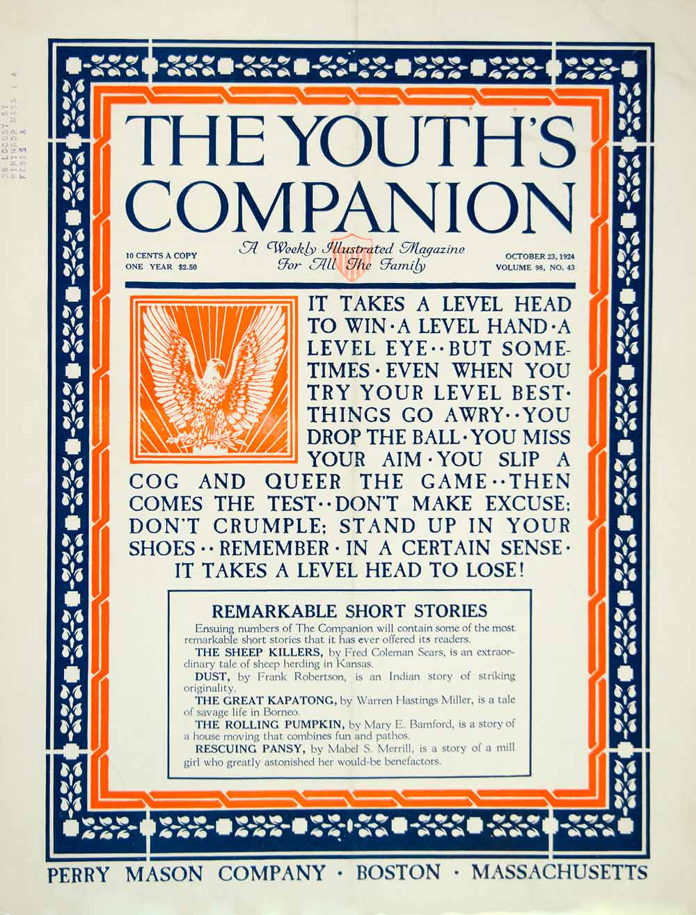 1924 Cover Youth's Companion Failure Quotation Roaring Twenties Era Perry YYC5