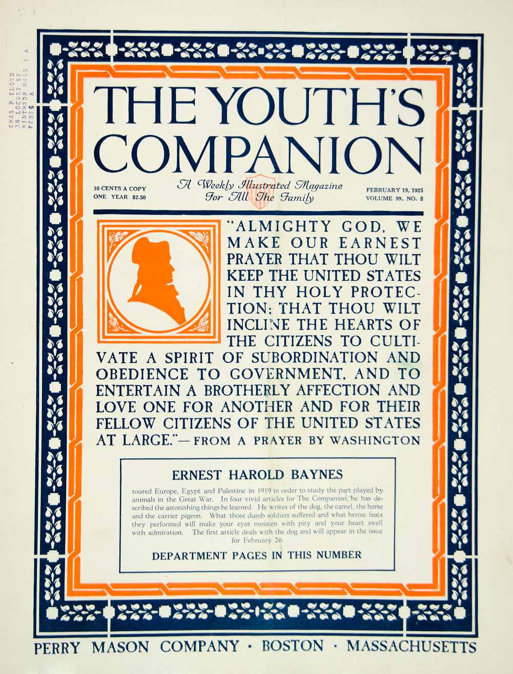 1925 Cover Youth's Companion George Washington Prayer Quotation US YYC5