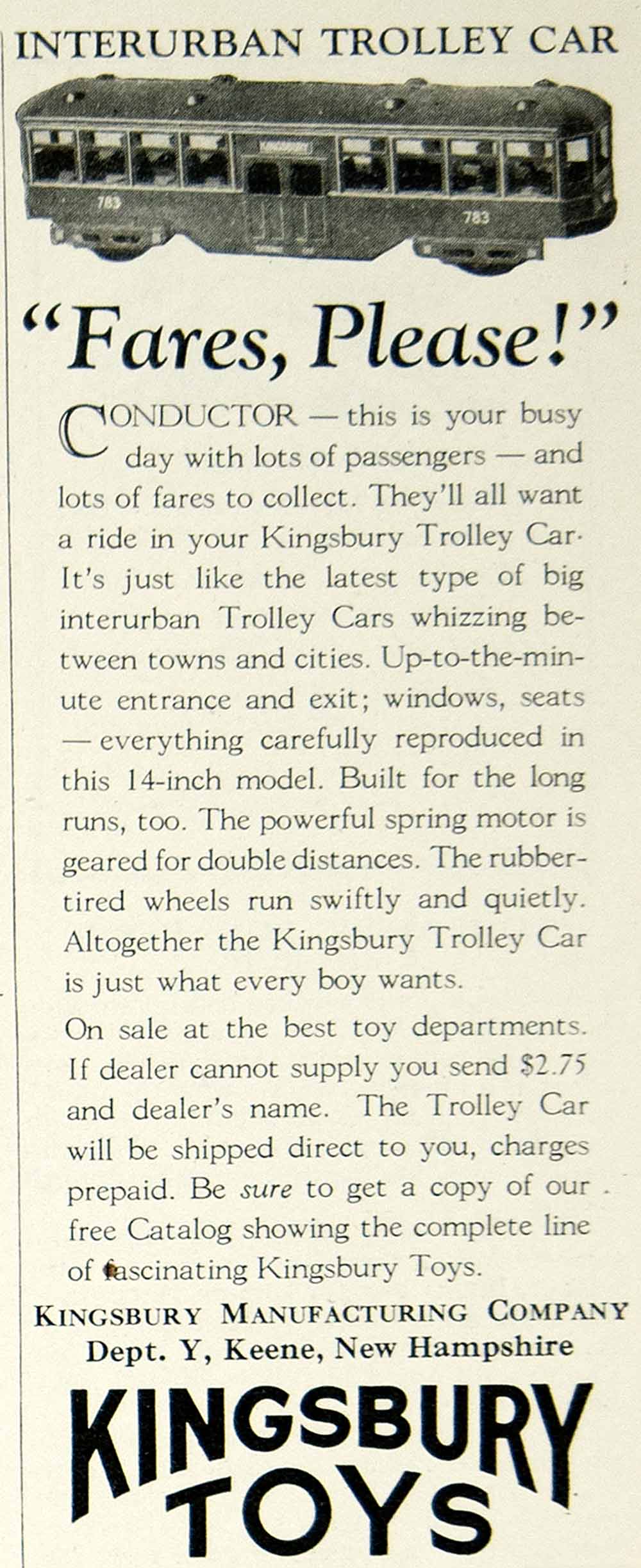 1925 Ad Kingsbury Toys Interurban Trolley Car Model Children Transportation YYC6