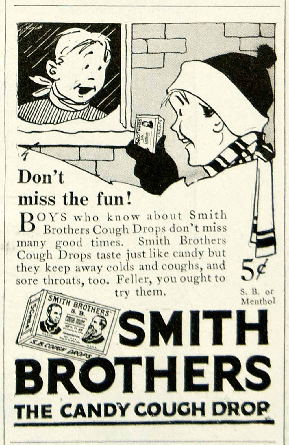 1925 Ad Smith Brothers Menthol Cough Drops Medical Health Children Winter  YYC6