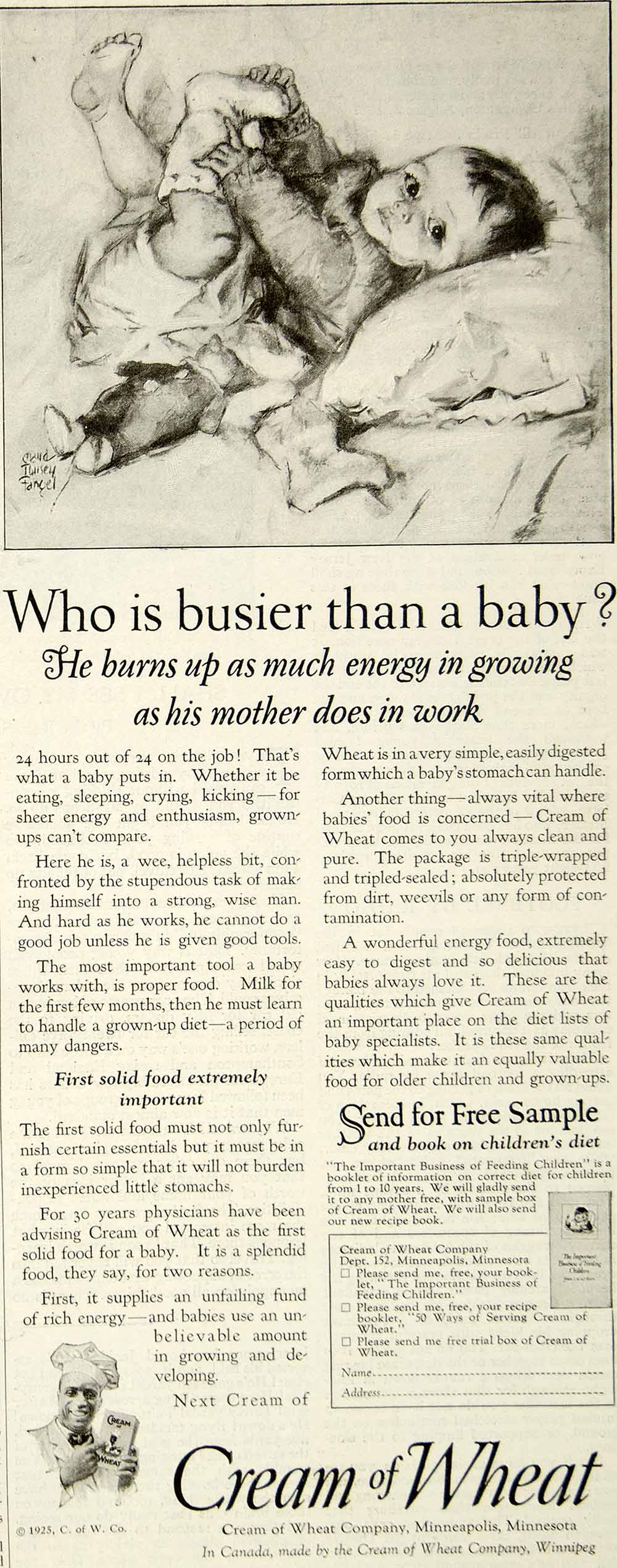 1925 Ad Maud Tousey Fangel Art Cream of Wheat Baby Cereal Food Infant Kid YYC6