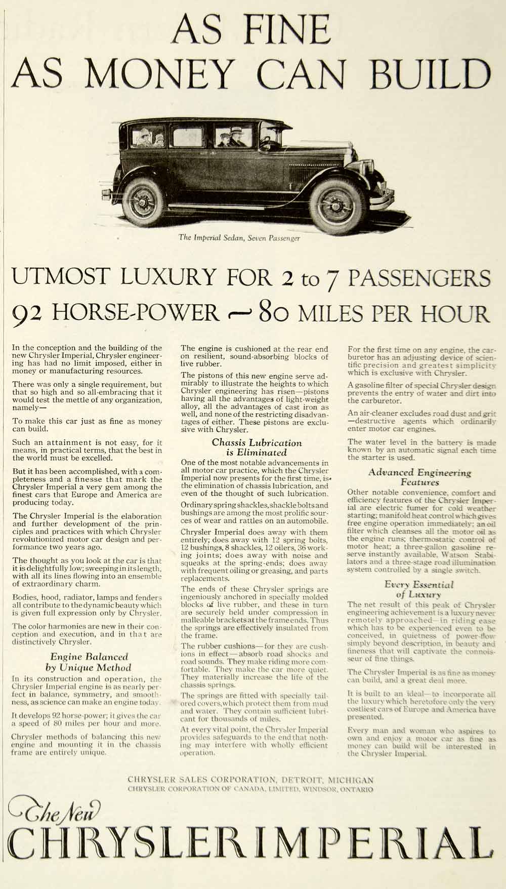 1926 Ad Chrysler Imperial 7-Passenger Sedan Car Auto Classic Transportation YYC6