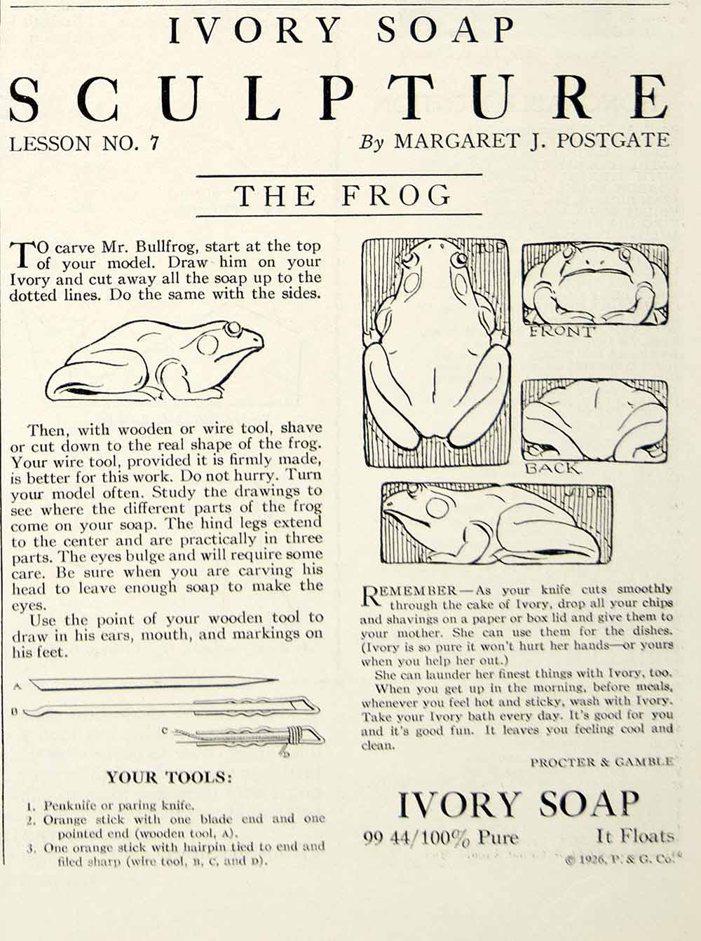 1926 Ad Procter Gamble Ivory Soap Frog Sculpture Margaret J Postgate Health YYC6