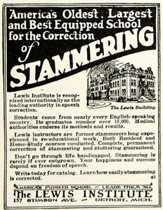 1927 Ad Lewis Institute Stammering Speech School Education Medical Quackery YYC6