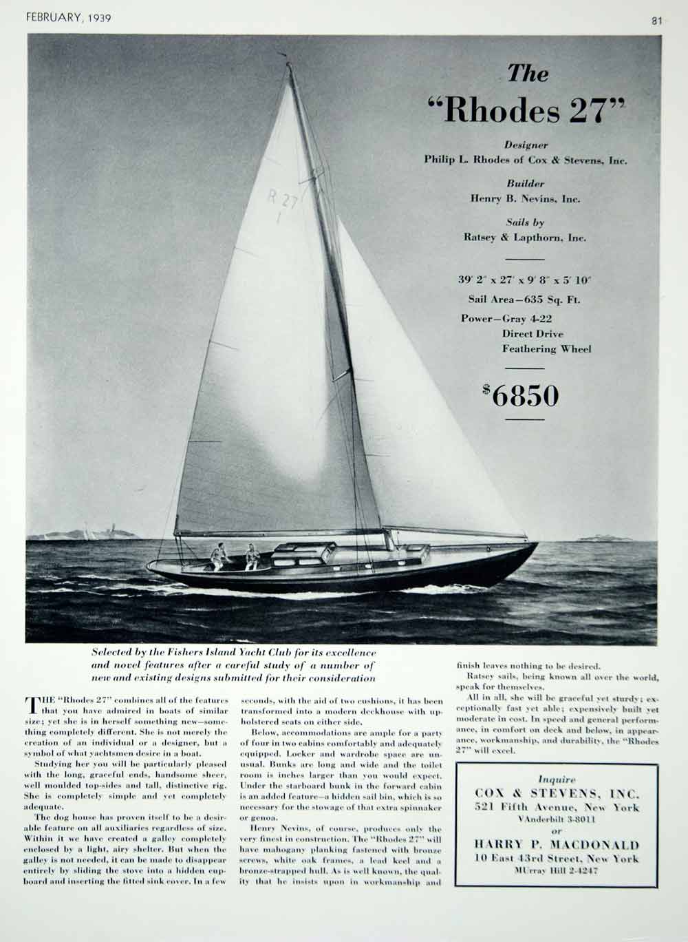 1939 Ad Vintage Philip L. Rhodes 27 Yacht Sailboat Henry B. Nevins Ratsey Sails