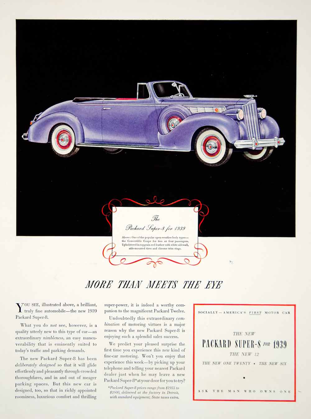 1939 Ad Vintage Packard Super-8 Convertible Coupe Purple Automobile Car Classic