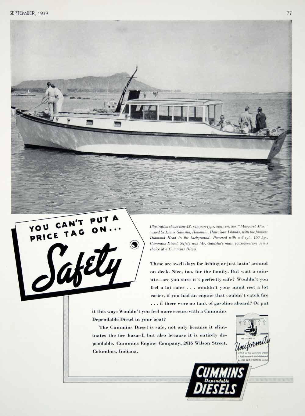 1939 Ad Cummins Diesel Marine Engine Cabin Cruiser Elmer Galusha Honolulu Boat