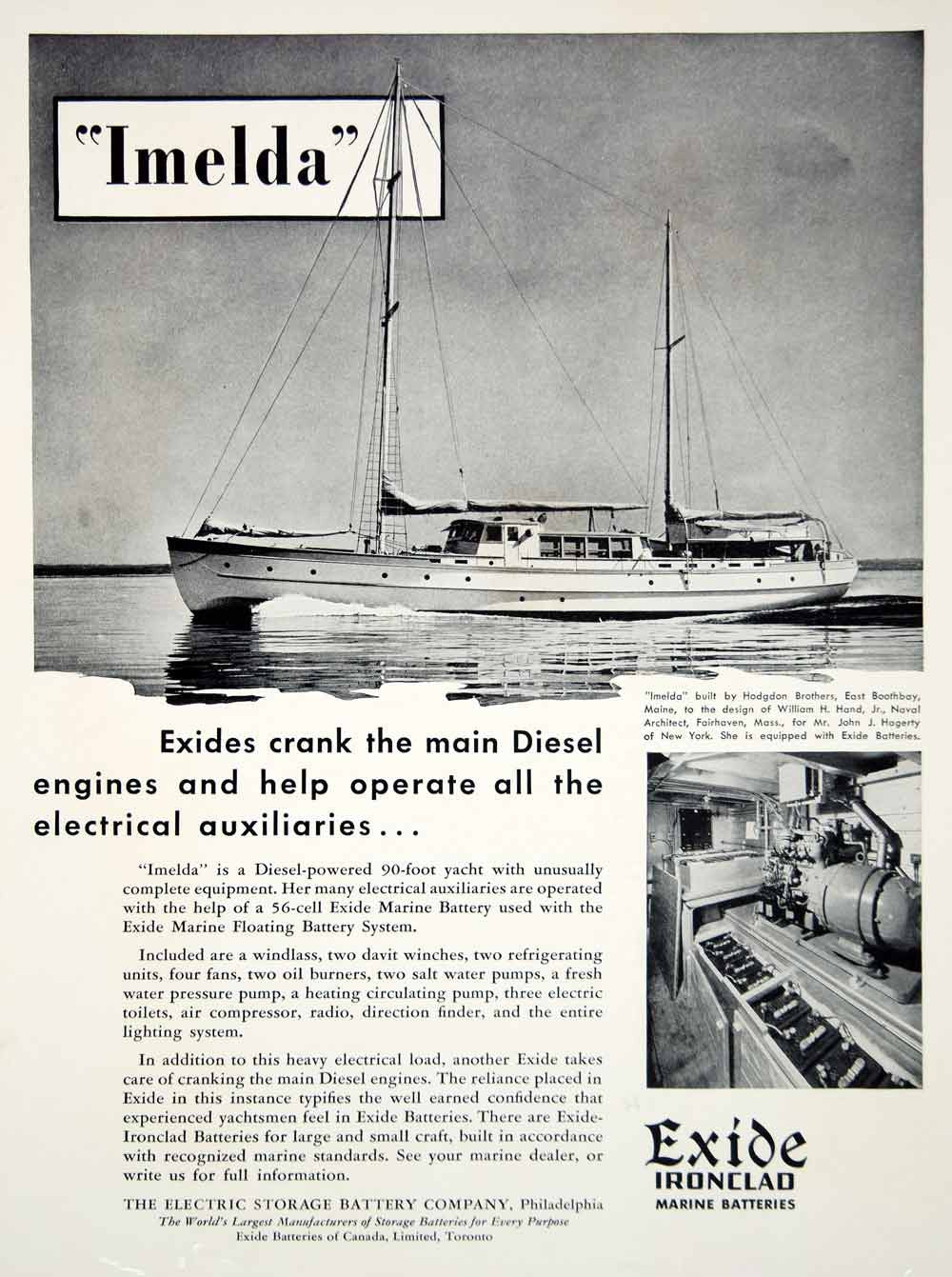 1939 Ad Exide Marine Electric Storage Battery Imelda Yacht John J. Hagerty Boat