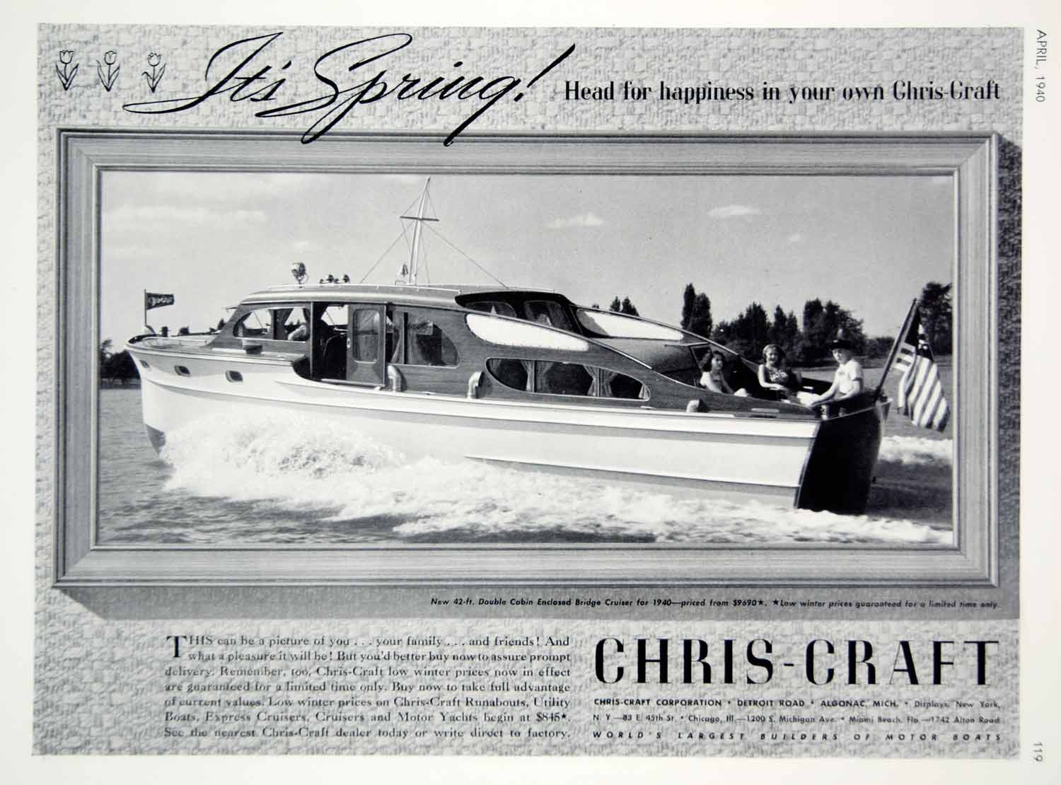 1940 Ad Vintage Chris Craft Double Cabin Enclosed Bridge Cruiser Yacht Boat