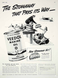 1940 Ad Vintage Veedol Marine Oil Boat Yacht Pier Stowaway Kit Rolf Klep Art Dog