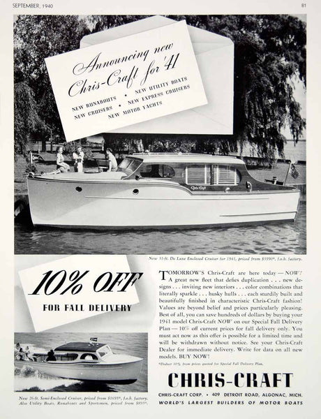 1945 Chris-Craft Enclosed Cruiser popular Vintage Print Ad - Framed Original Magazine Advertisement - 1940s Boat Ad - Retro Marine Decor - Wall Art