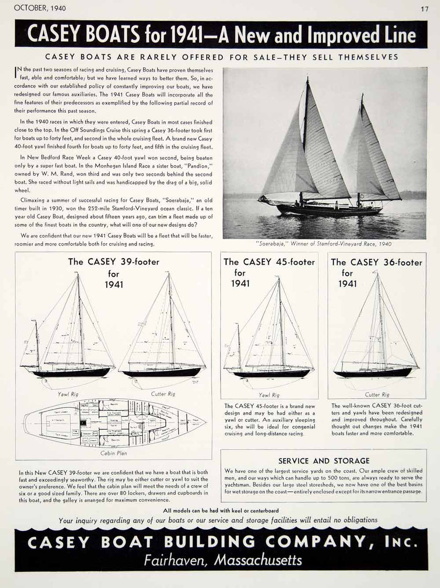 1940 Ad Casey Sailboats 1941 Models Boat Yawl Soerabaja Racing Fairhav ...