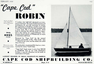 1939 Ad Vintage Cape Cod Shipbuilding "Robin" Sailboat Wareham Massachusetts