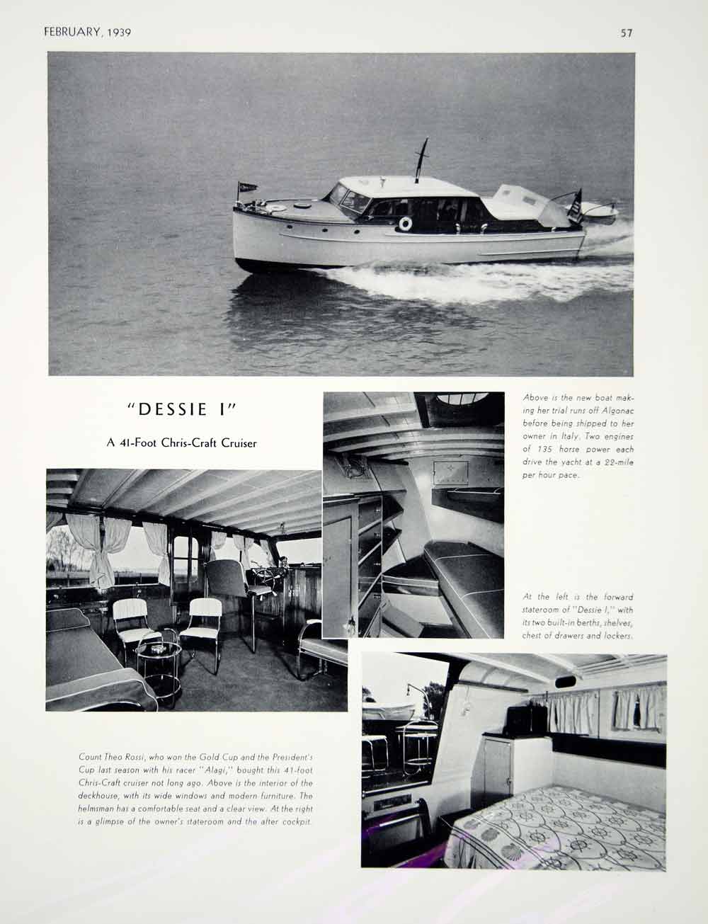 1939 Print Dessie I Chist Craft Cruiser Yacht Count Theo Rossi Stateroom Boat