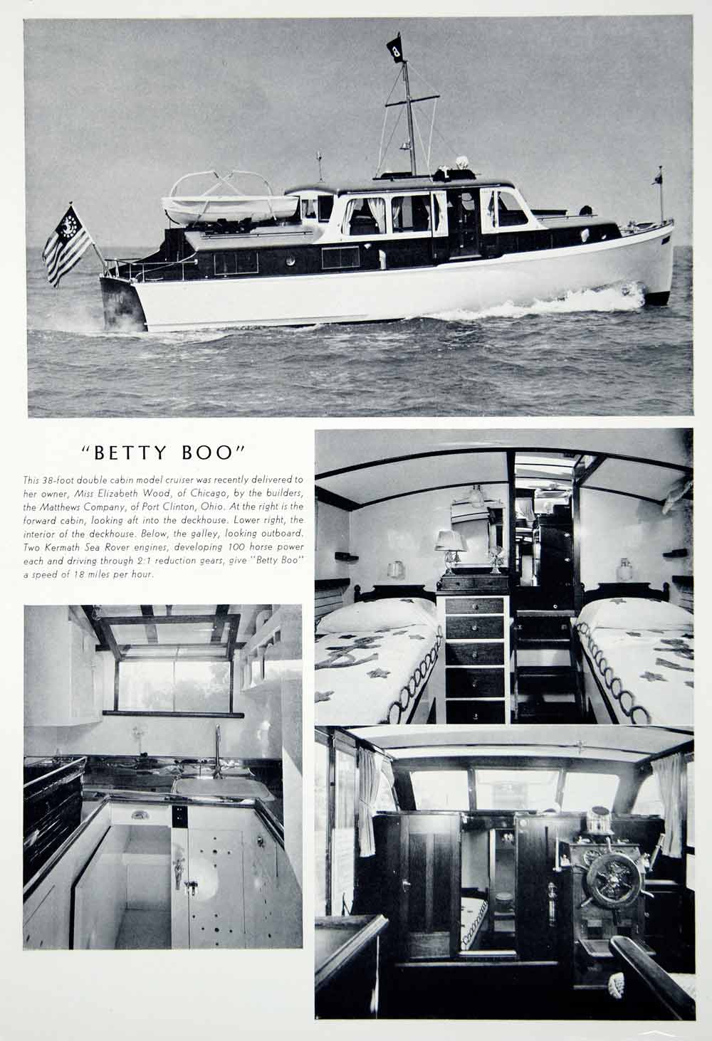 1939 Print Betty Boo Cabin Cruiser Yacht Interior Galley Elizabeth Woods Chicago