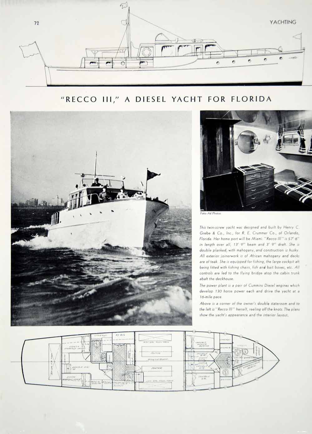 1940 Print Recco III Diesel Yacht Interior Layout Cabin Plan R. E. Crummer Co.