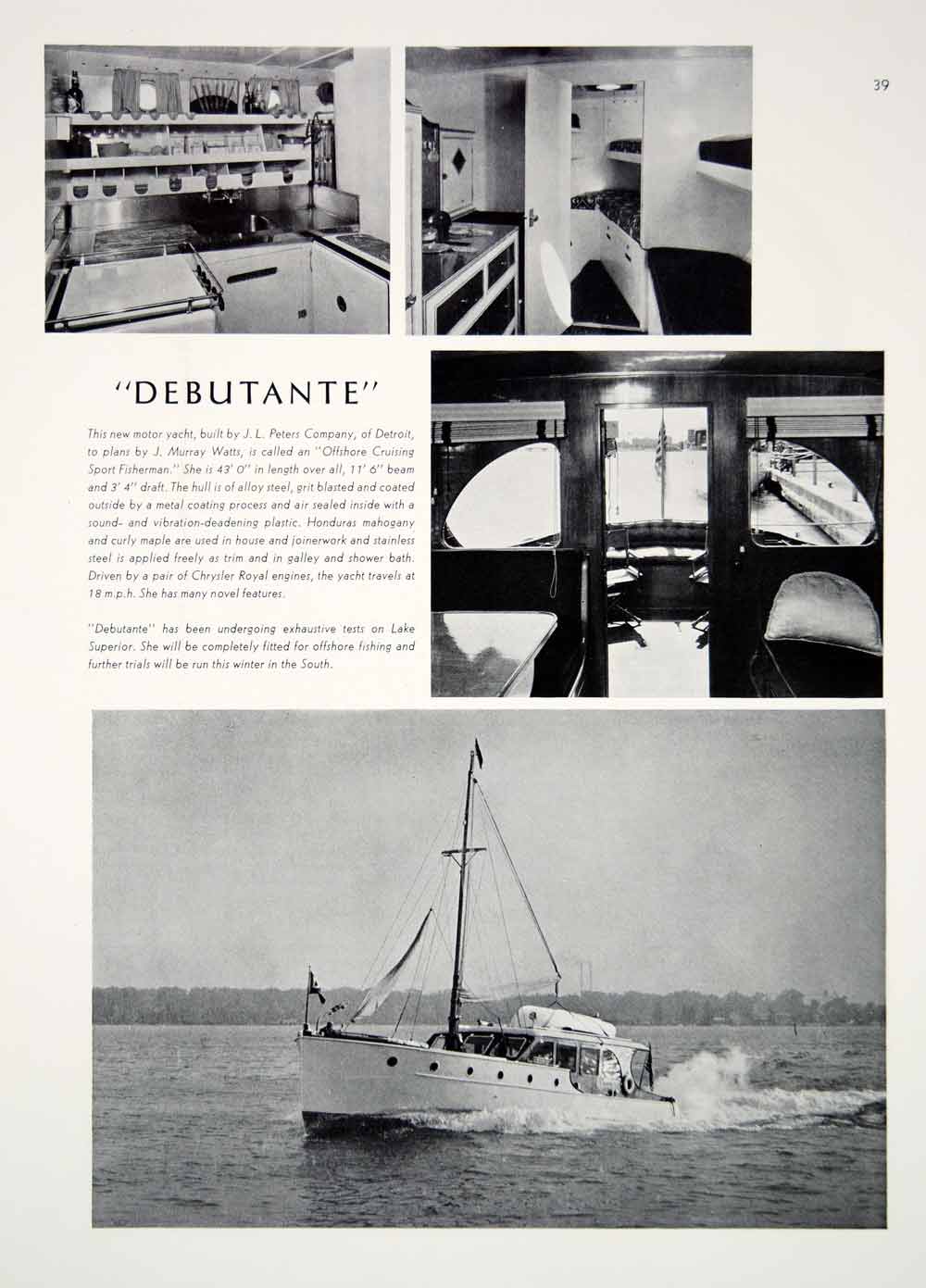 1940 Print Debutante Motor Yacht Fishing Boat Cruiser J L Peters Company Galley