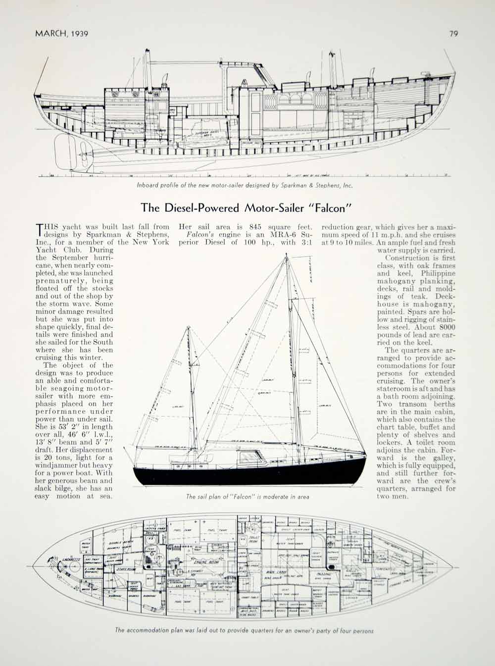 1939 Article Falcon Diesel Sailboat Yacht Sail Cabin Plans Sparkman & Stephens