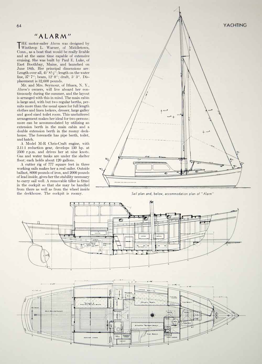 1940 Article Alarm Motor Yacht Sailboat Boat Sail Cabin Plan Winthrop L. Warner