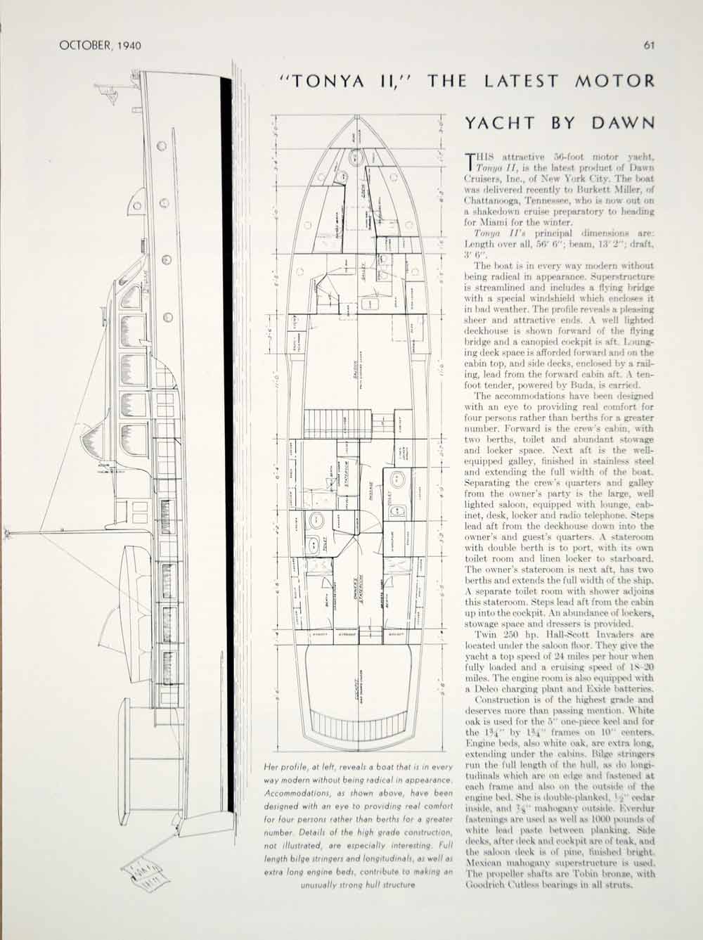 1940 Article Tonya II Motor Yacht Dawn Cruisers Cabin Plan Burkett Miller Owner