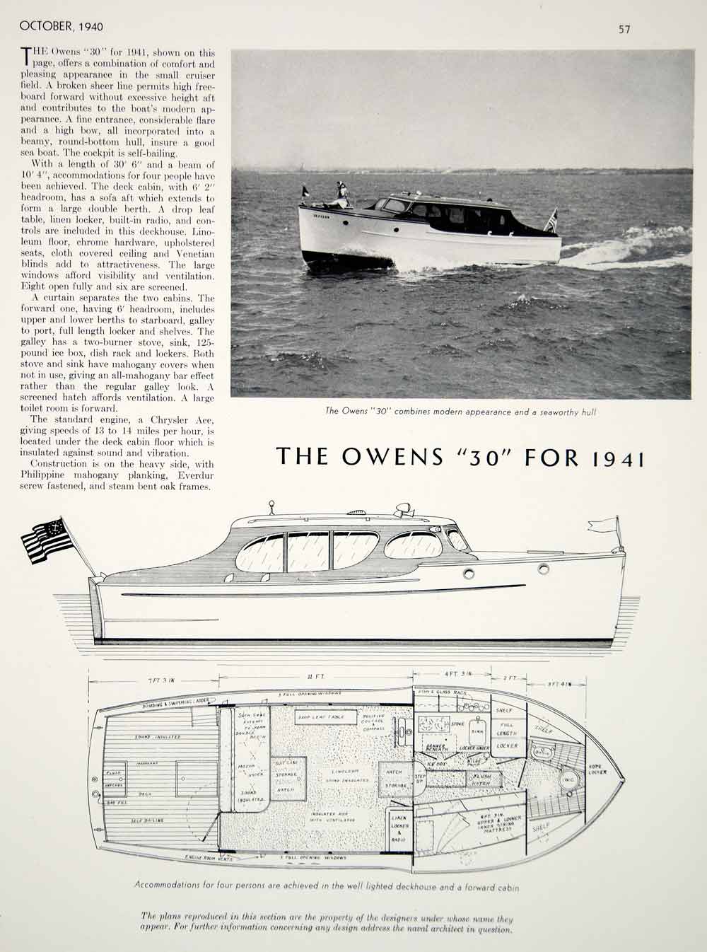 1940 Article Owens 30 Small Motor Cruiser Yacht Cabin Plan Profile Diagram Boat