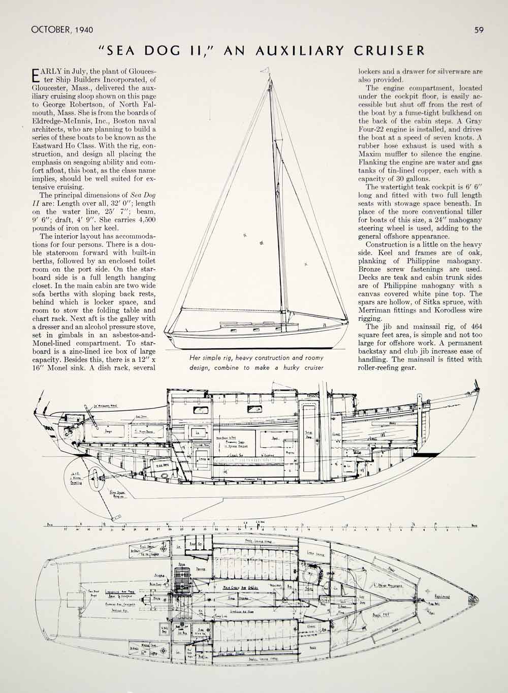 1940 Article Sea Dog II Cruiser Yacht Sloop Sail Cabin Plan George Robertson