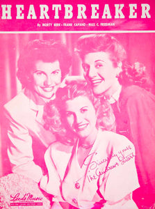 1948 Sheet Music Heartbreaker Andrews Sisters Singers Song Leeds Frank ZSM1