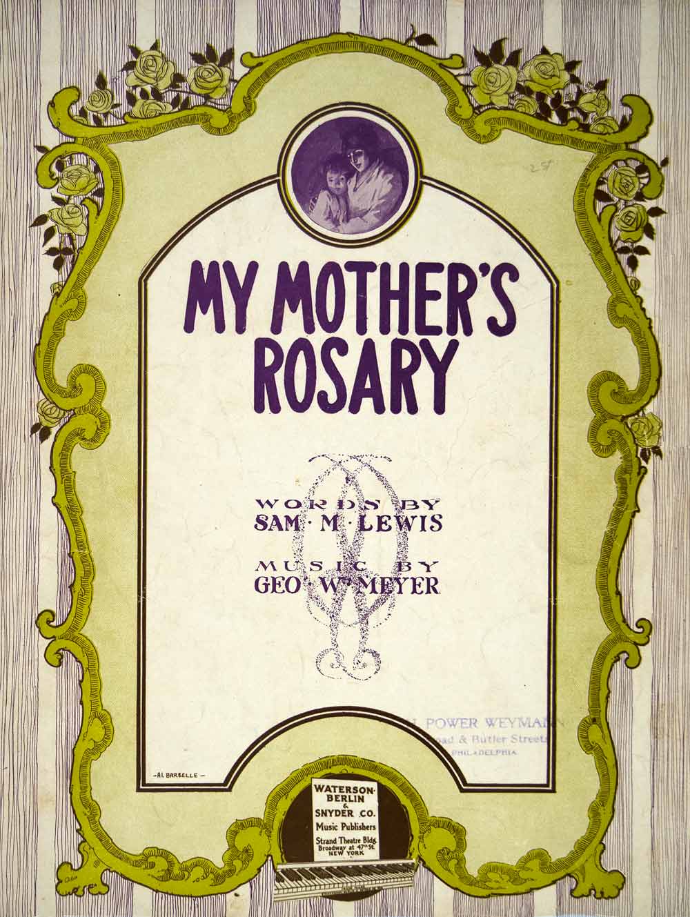 1915 Sheet Music My Mother's Rosary Albert W Barbelle Sam M. Lewis Geo. W ZSM2