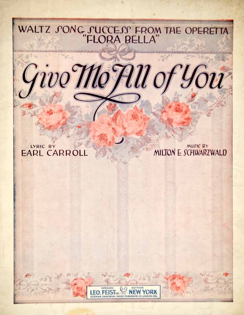 1917 Sheet Music Give Me All of You Art Waltz Song Nouveau Roses Design ZSM7