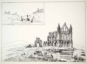 1872 Lithograph May Allen Art Whitby Abbey Harbor North Yorkshire England ZZ11