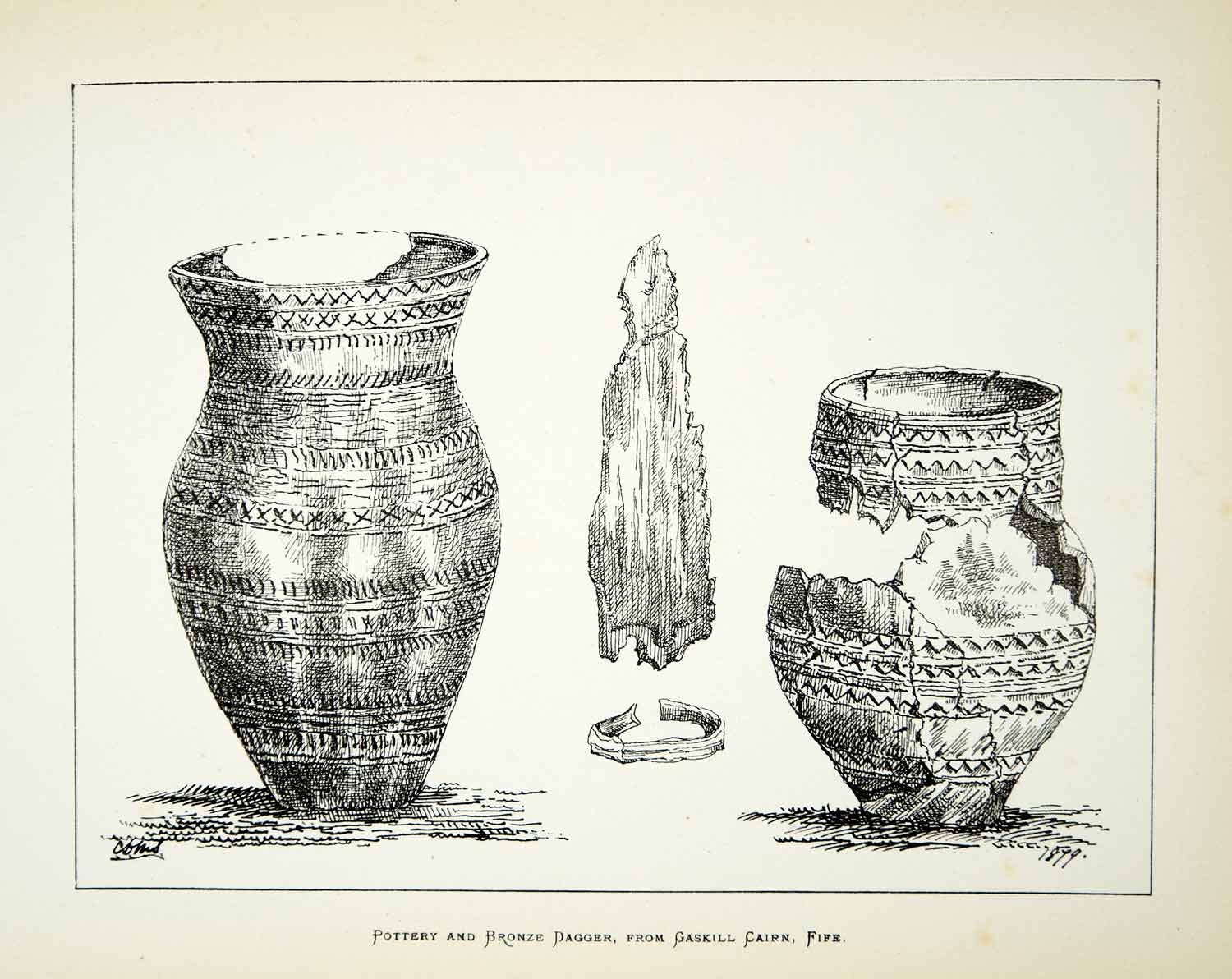 1879 Lithograph H Strickland Art Pottery Dagger Archaeology Fife Scotland ZZ16