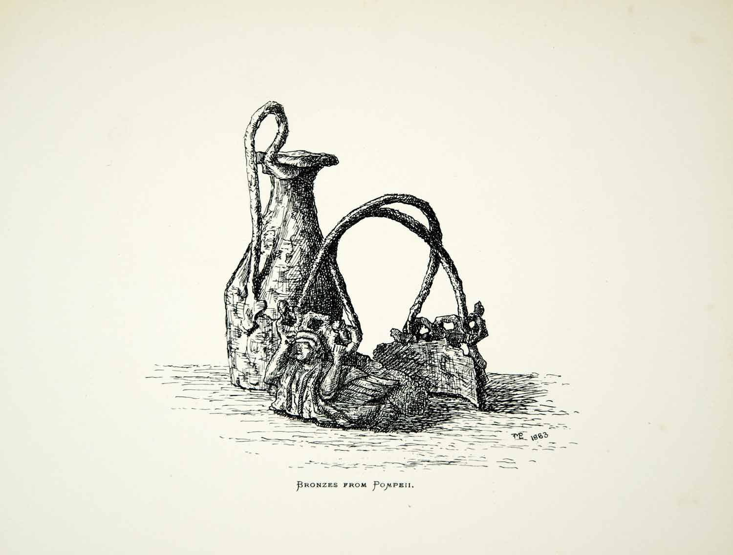 1882 Lithograph Leonora FM Preston Art Bronze Jug Vase Pompeii Archaeology ZZ19