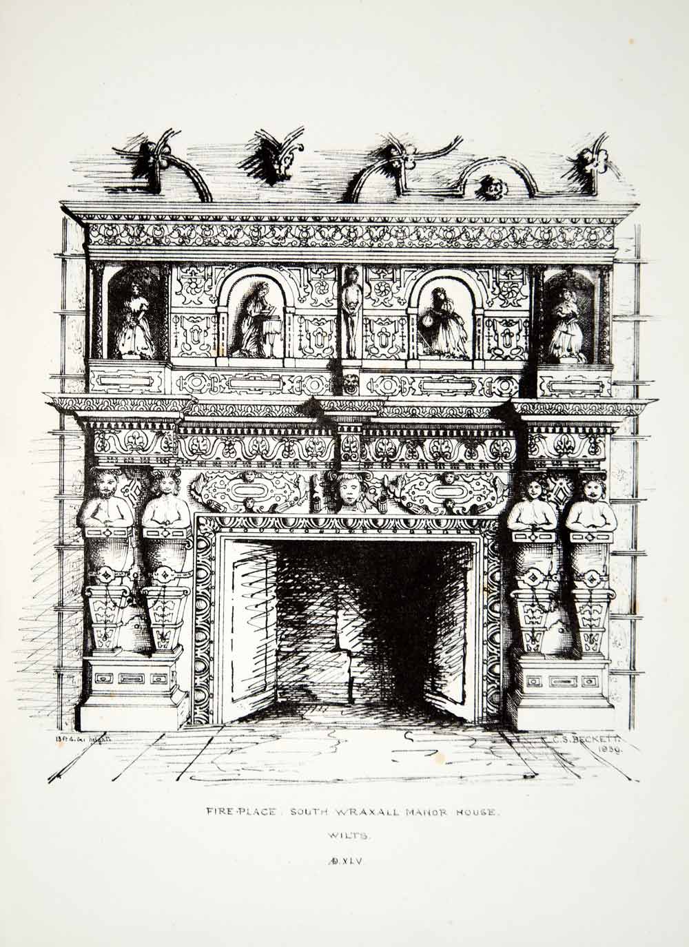 1859 Lithograph CS Beckett Art Fireplace Drawing Room South Wraxall Manor UK ZZ4
