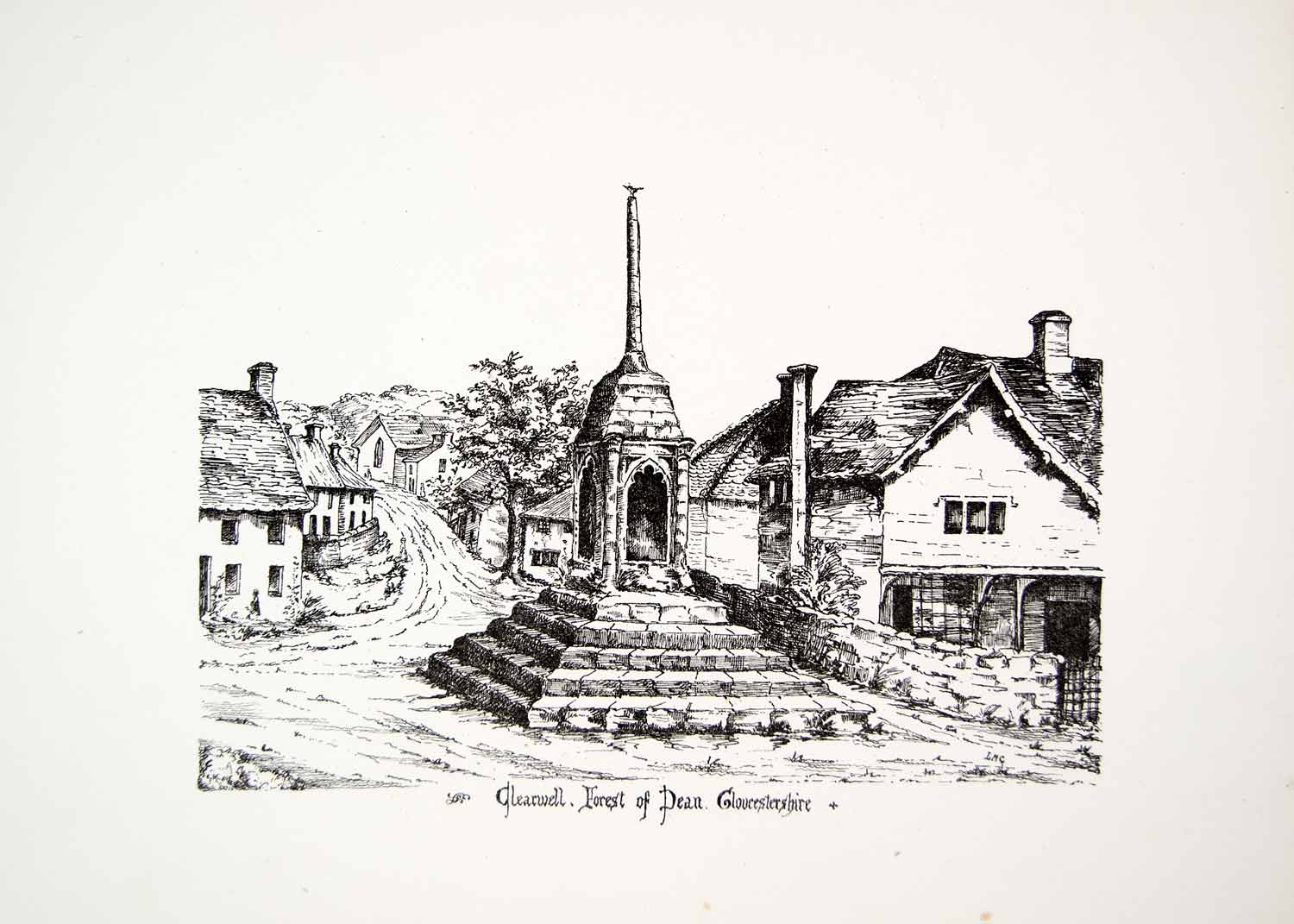 1864 Lithograph LM Crossman Art Village Cross Clearwell Gloucestershire UK ZZ8