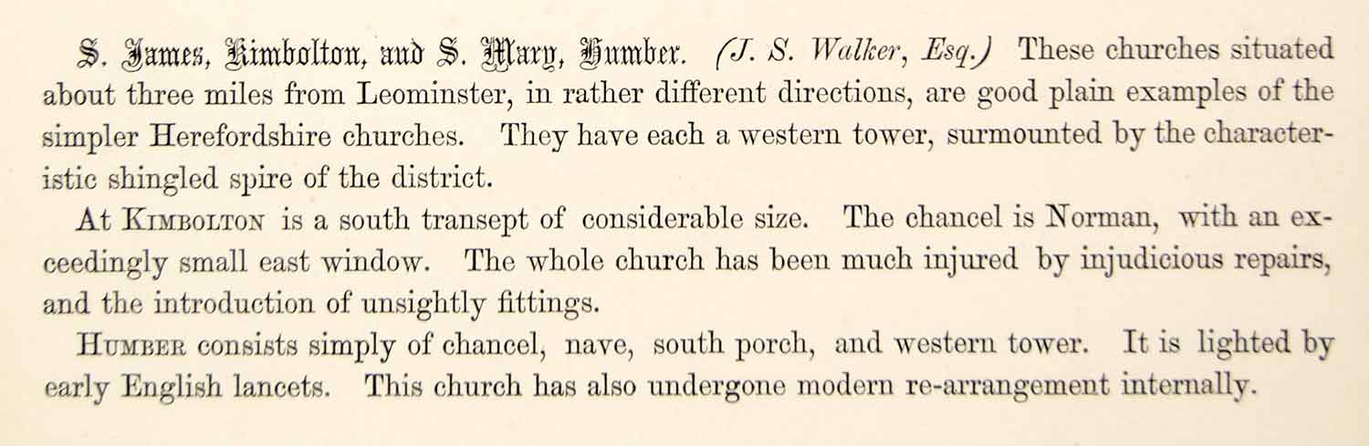 1865 Lithograph JS Walker Art St James Church Kimbolton Mary Humber England ZZ9